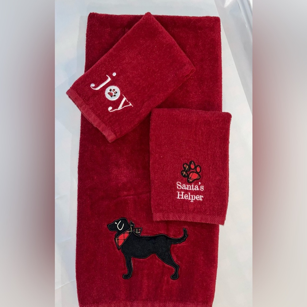 3 pc Essential Home Red Hand Towel Set Stitched Black Lab Dog paw print - Picture 13 of 13